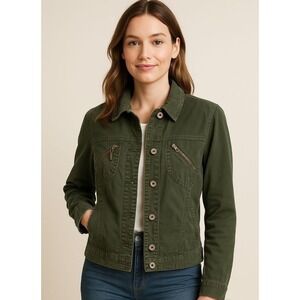 Havana Jack's Cafe Utility Jacket XL Green 100% Cotton Military Y2K Button Zip P